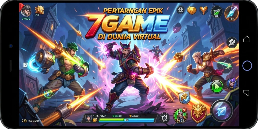 Tangkapan layar gameplay seru dari 7GAME dengan karakter bertarung di arena.