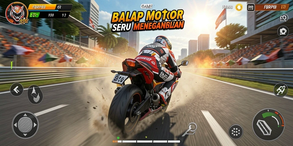 Tampilan gameplay seru di FBRP88 saat balapan motor.