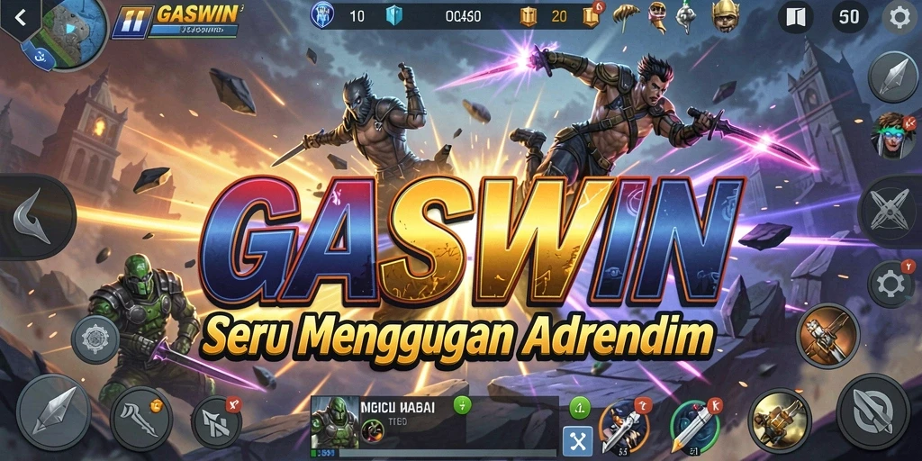 Screenshot gameplay GASWIN menampilkan pertarungan seru dan karakter unik.