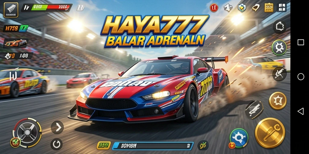 Screenshot gameplay HAYA777 menampilkan mobil balap melaju kencang di sirkuit.