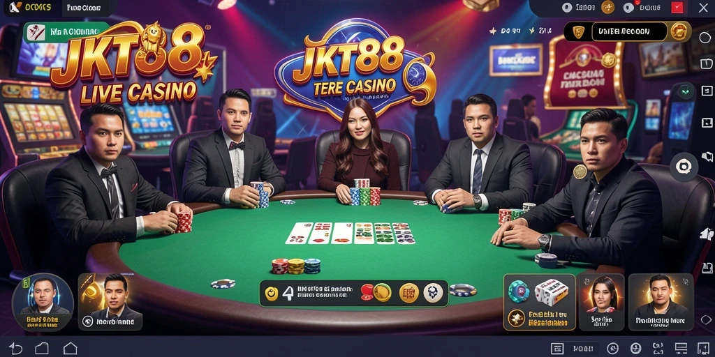 Screenshot utama JKT88 menampilkan dealer dan pemain dalam permainan Live Casino.