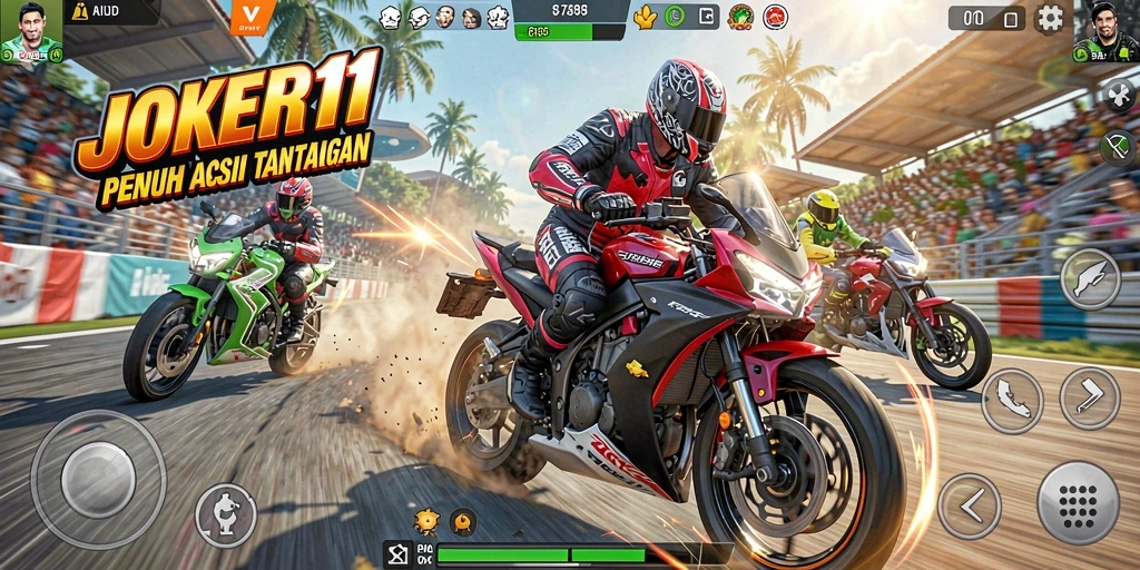 Gameplay balapan motor yang mendebarkan dalam <strong>JOKER11</strong>.