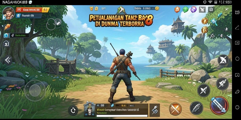 Screenshot gameplay NAGAHOKI88 menunjukkan dunia terbuka yang indah.