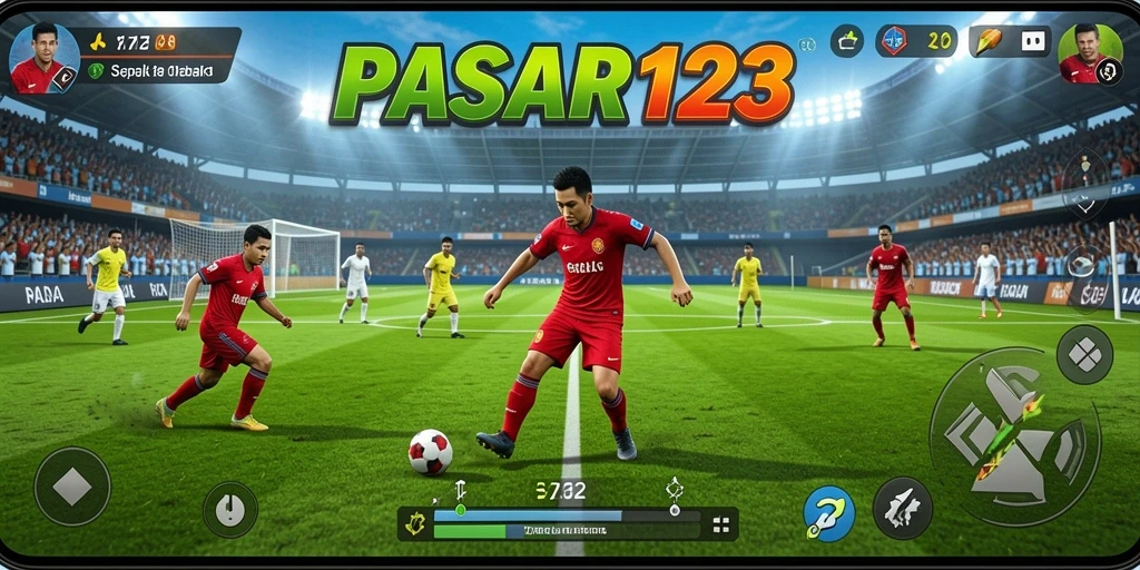 Screenshot utama PASAR123 menampilkan pertandingan sepak bola yang intens dan seru.
