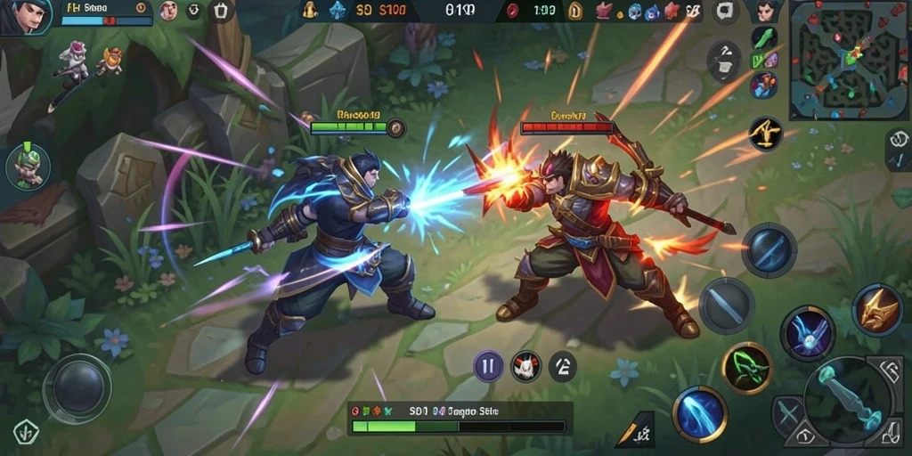 Tangkapan layar menampilkan pertarungan epik dalam gameplay MOBA.